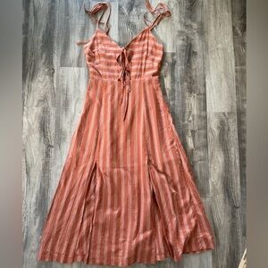 STORIA Dress Womens Size M Orange White Stripe VNeck Cut Out Tie Strap Midi Boho